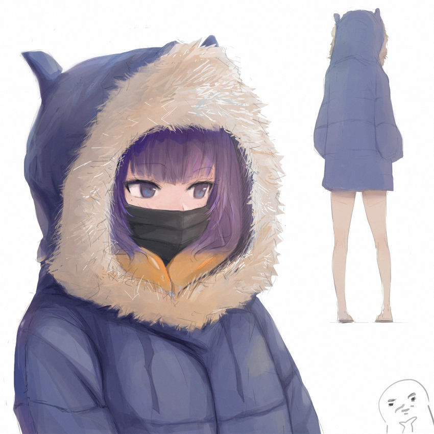 1girl coat hands_in_pockets highres hololive hololive_english mask mole mole_under_eye mouth_mask multiple_views ninomae_ina'nis no_pants purple_hair simple_background surgical_mask tallgeese_(lgeesel) violet_eyes virtual_youtuber white_background winter_clothes winter_coat