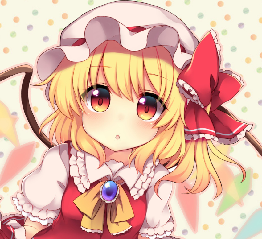 1girl :o amethyst_(gemstone) bangs blonde_hair blush bow breasts brooch commentary_request crystal dot_nose dotted_background eyebrows_visible_through_hair eyelashes flandre_scarlet frilled_bow frilled_shirt_collar frilled_sleeves frills hat hat_bow hat_ribbon highres jewelry looking_at_viewer mob_cap multicolored_wings one_side_up open_mouth puffy_short_sleeves puffy_sleeves red_bow red_ribbon red_vest ribbon ruhika shirt short_sleeves side_ponytail sidelocks small_breasts solo standing touhou upper_body vest white_background white_shirt wings wrist_cuffs yellow_neckwear yellow_ribbon