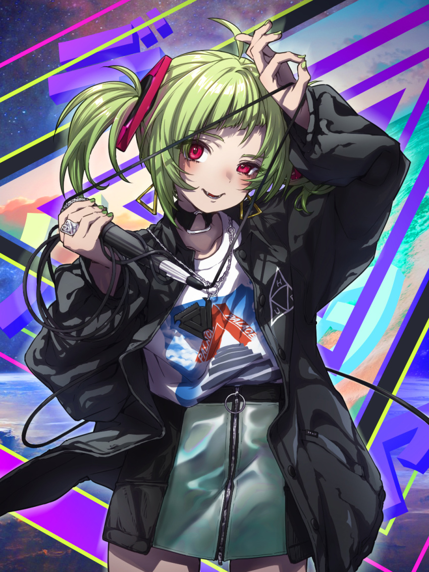 1girl ahoge arm_up black_jacket cable chain_necklace choker collarbone commentary_request commission cowboy_shot delruki delutaya earrings earth_(planet) fangs green_hair green_nails green_skirt hand_up highres holding holding_microphone ikonavi_next jacket jewelry long_hair looking_at_viewer microphone miniskirt necklace ok_sign open_clothes open_jacket open_mouth outer_glow planet red_eyes ring shirt shirt_tucked_in short_hair short_twintails skeb_commission skirt smile solo space twintails virtual_youtuber white_shirt