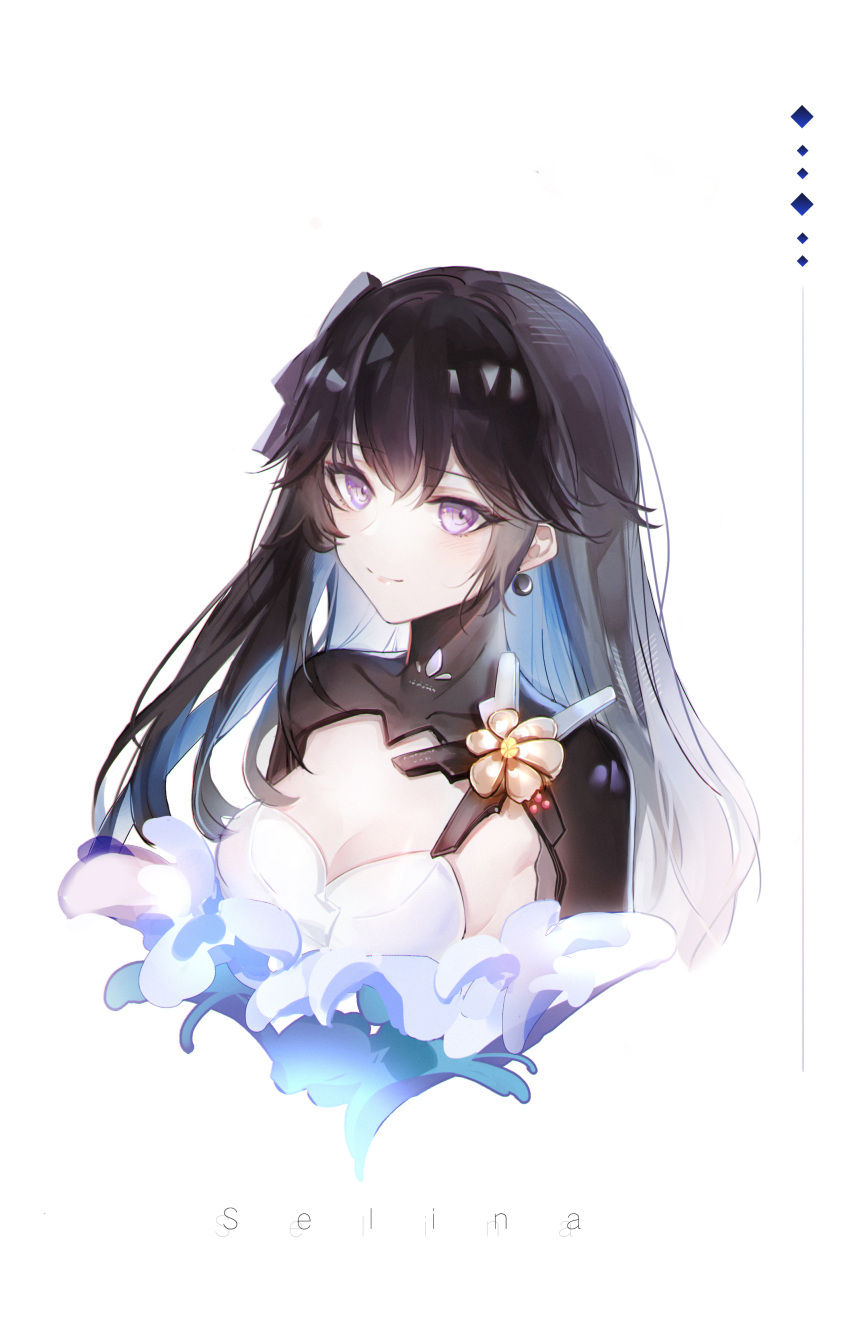 1girl absurdres bangs black_hair character_name closed_mouth earrings hair_ribbon highres jewelry long_hair looking_at_viewer nana895 punishing:_gray_raven ribbon selena_(punishing:_gray_raven) simple_background smile solo violet_eyes white_background