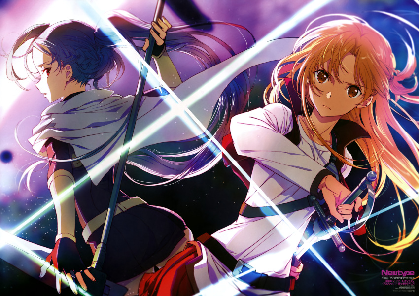 2girls absurdres asuna_(sao) brown_eyes brown_hair cape cloak dress fingerless_gloves gloves highres holding holding_sword holding_weapon ishida_kana long_hair mito_(sao) multiple_girls purple_dress purple_skirt rapier red_cloak red_eyes shoulder_pads sickle skirt sword sword_art_online sword_art_online_progressive weapon