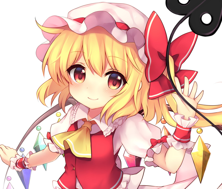 1girl ascot bow buttons closed_mouth commentary_request crystal dot_nose eyebrows_visible_through_hair eyelashes fang flandre_scarlet frilled_shirt_collar frilled_skirt frilled_sleeves frills hat hat_bow hat_ribbon highres holding laevatein_(touhou) looking_at_viewer mob_cap one_side_up puffy_short_sleeves puffy_sleeves red_bow red_eyes red_ribbon red_skirt red_vest ribbon ruhika short_hair short_sleeves side_ponytail sidelocks simple_background skirt smile solo touhou upper_body vest weapon white_background white_headwear wings wristband yellow_neckwear