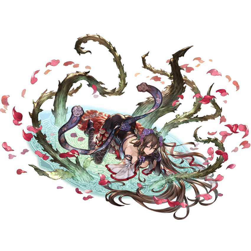 1girl all_fours ass breasts brown_hair flower full_body gloves granblue_fantasy hair_flower hair_ornament leaf long_hair looking_at_viewer magic_circle minaba_hideo official_art own_hands_together petals rosetta_(granblue_fantasy) smile solo thorns transparent_background very_long_hair