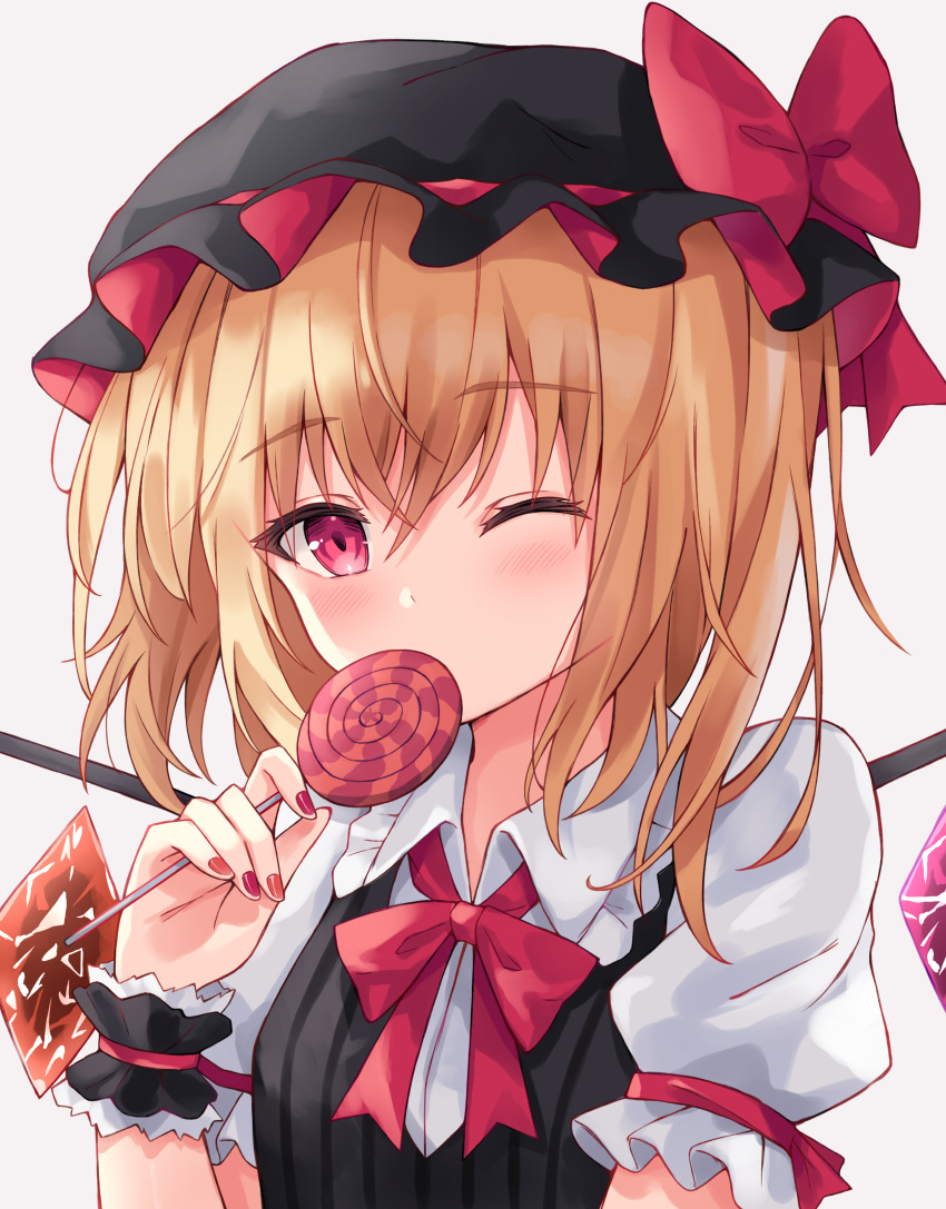 1girl absurdres bangs black_headwear blonde_hair blush bow bowtie commentary_request covered_mouth crystal eyebrows_visible_through_hair flandre_scarlet frilled_shirt_collar frills hair_between_eyes halloween hand_up hat hat_bow highres kofumi_(nxme5555) looking_at_viewer medium_hair mob_cap nail_polish one_eye_closed puffy_short_sleeves puffy_sleeves red_bow red_bowtie red_eyes red_nails short_sleeves simple_background solo touhou upper_body white_background wings wrist_cuffs