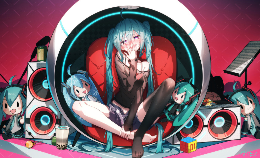 1girl ahoge bangs bare_shoulders barefoot belt black_shorts blush blush_stickers bubble_tea character_doll collarbone commentary_request hand_up hatsune_miku highres long_hair long_sleeves microphone no_shoes off_shoulder open_clothes open_mouth open_shorts qys3 red_background rubik's_cube shirt shorts single_thighhigh sitting smile solo thigh-highs twintails very_long_hair vocaloid white_belt