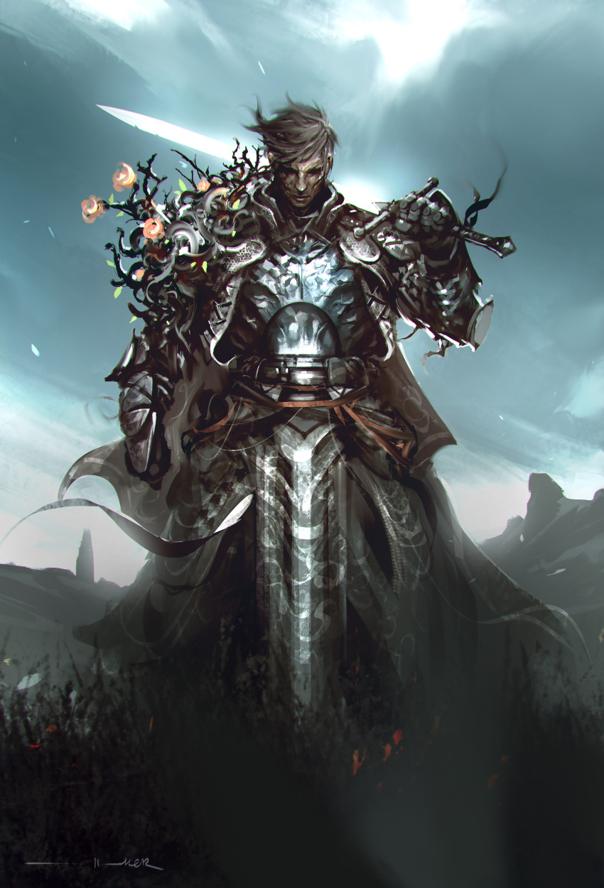 1boy absurdres androgynous armor belt breastplate brown_hair closed_eyes clouds cloudy_sky english_commentary facing_viewer flower full_armor gauntlets grass highres holding holding_sword holding_weapon kalmahul knight original over_shoulder rose short_hair signature sky standing sword thorns weapon weapon_over_shoulder