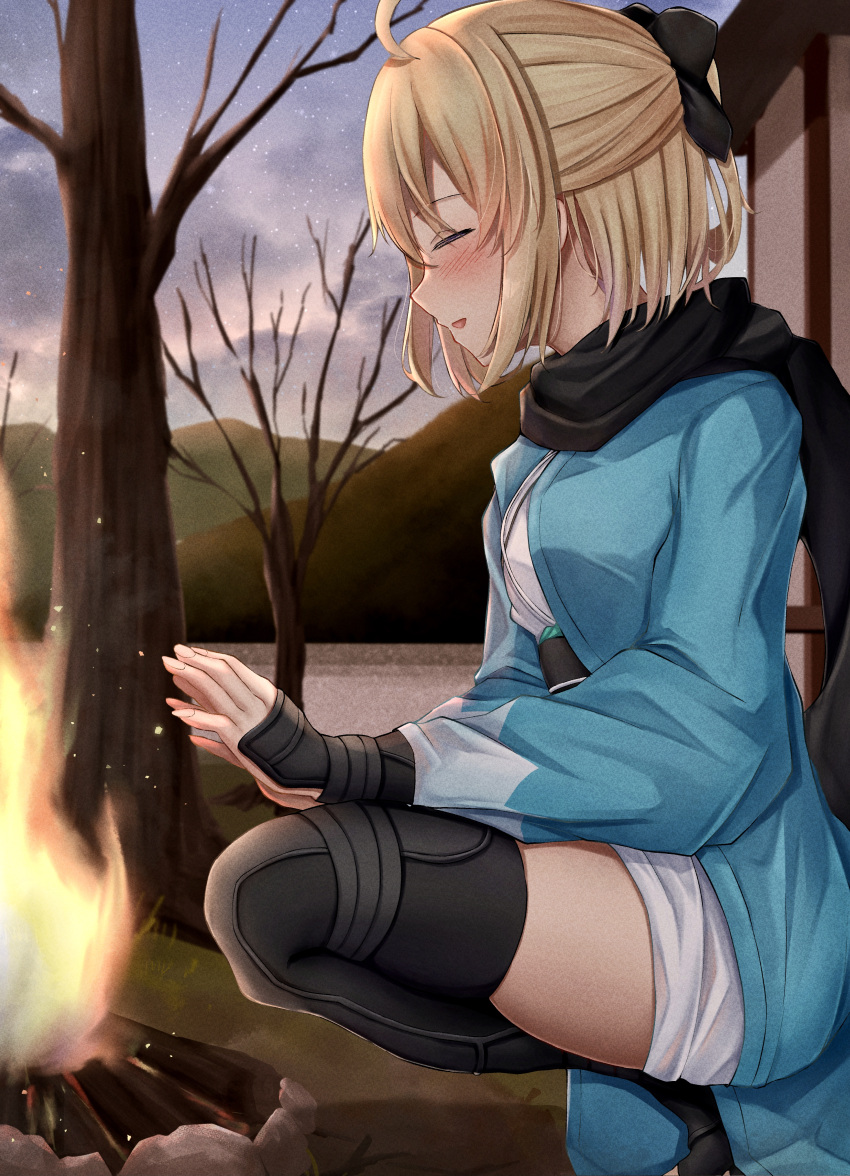 1girl absurdres arm_guards black_bow black_scarf blonde_hair bonfire bow closed_eyes day fate/grand_order fate_(series) fire half_updo haori highres japanese_clothes kimono obi okita_souji_(fate) okita_souji_(koha/ace) outdoors sash scarf shinsengumi short_kimono solo toukan tree white_kimono