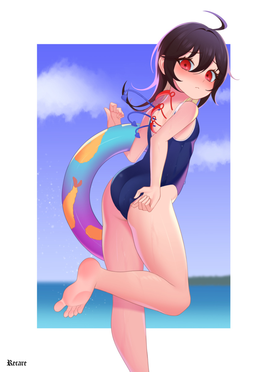 1girl adjusting_clothes adjusting_swimsuit ahoge alternate_costume ass asymmetrical_wings bangs black_hair blue_sky blue_swimsuit blue_wings blurry blurry_background blush border breasts closed_mouth clouds commission feet food food_print foot_out_of_frame hair_between_eyes highres houjuu_nue innertube leg_up long_hair looking_at_viewer looking_back mini_wings ocean one-piece_swimsuit outside_border recare red_eyes red_wings signature sky small_breasts soles solo swimsuit tempura touhou water white_border wings