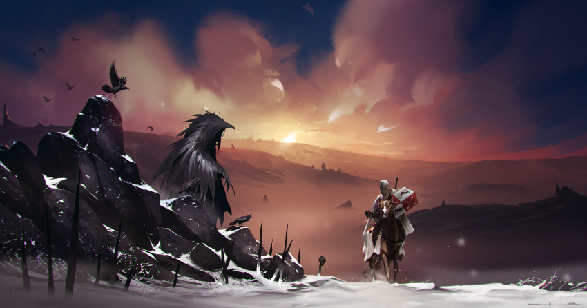 1other absurdres animal bird cape clouds crow dragon_print fog helm helmet highres holding holding_shield kalmahul knight original outdoors oversized_animal scenery shield signature skull snow sun sunset weapon weapon_on_back white_cape