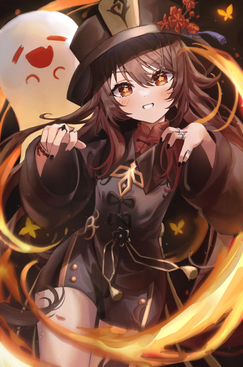 1girl arms_up bangs black_headwear black_nails blush breasts brown_hair bug butterfly claw_pose fire flower genshin_impact ghost hair_between_eyes hat hat_flower highres hu_tao_(genshin_impact) jewelry lisi long_hair long_sleeves looking_at_viewer nail_polish red_eyes ring shorts small_breasts smile solo symbol-shaped_pupils teeth twintails very_long_hair wide_sleeves