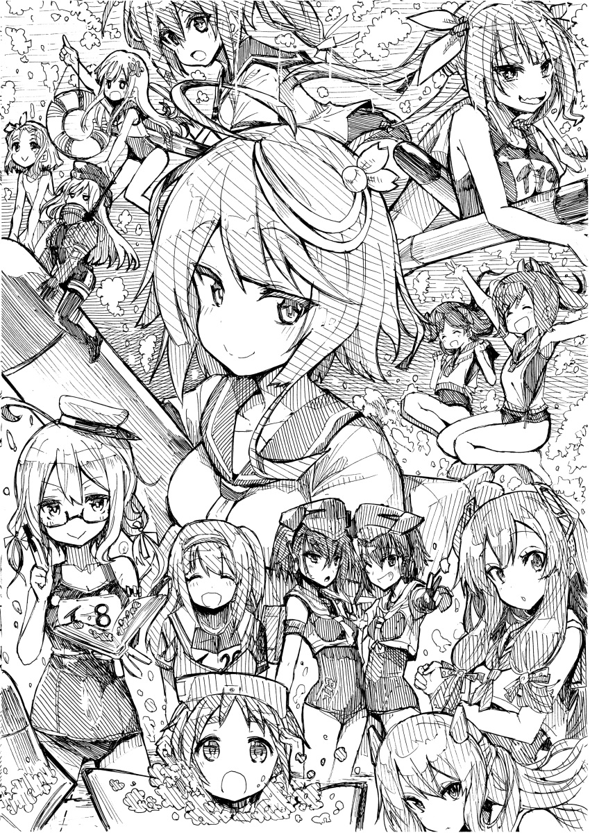 6+girls :&gt; absurdres ahoge arm_up arms_up asymmetrical_hair bangs book breasts closed_eyes closed_mouth diving_mask diving_mask_on_head everyone flower glasses gloves goggles goggles_on_head greyscale hair_between_eyes hair_flower hair_ornament hair_ribbon hairband hat headgear highres holding i-13_(kancolle) i-14_(kancolle) i-168_(kancolle) i-19_(kancolle) i-203_(kancolle) i-26_(kancolle) i-400_(kancolle) i-401_(kancolle) i-47_(kancolle) i-58_(kancolle) i-8_(kancolle) innertube kantai_collection lineart long_hair luigi_torelli_(kancolle) maru-yu_(kancolle) monochrome multiple_girls name_tag one-piece_swimsuit one_eye_closed open_mouth pen_(medium) ponytail ribbon ro-500_(kancolle) sailor_collar school_swimsuit short_hair sleeveless smile swimsuit swimsuit_under_clothes torpedo traditional_media tress_ribbon tsuji_kazuho two_side_up u-511_(kancolle) v