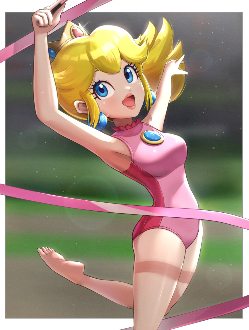 1girl :d armpit_crease arms_up bangs bare_arms barefoot blonde_hair blue_eyes breasts chest_jewel commentary crown earrings gonzarez gymnastics highres holding holding_ribbon jewelry leotard looking_up mario_&amp;_sonic_at_the_olympic_games medium_breasts pink_leotard princess_peach rhythmic_gymnastics ribbon smile solo super_mario_bros. super_mario_bros.