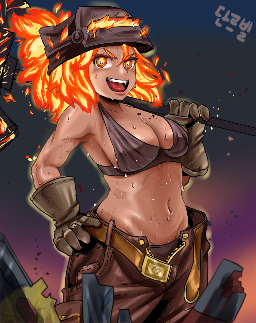 1girl absurdres bare_shoulders blacksmith_(guardian_tales) breasts brown_pants dark_skin fiery_hair fire gloves grin guardian_tales hammer hand_on_hip highres holding holding_hammer looking_at_viewer medium_breasts navel open_mouth pants short_hair smile standing stonescale sweat sweatdrop