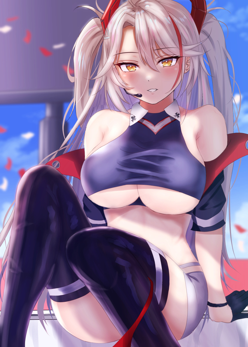 1girl akuakuran azur_lane bangs bare_shoulders black_footwear black_gloves blurry blush boots breasts commentary_request depth_of_field eyebrows_visible_through_hair feet_out_of_frame gloves hair_between_eyes headset highres large_breasts long_hair looking_at_viewer miniskirt multicolored_hair off_shoulder official_alternate_costume panties panties_around_one_leg parted_lips petals prinz_eugen_(azur_lane) prinz_eugen_(final_lap)_(azur_lane) red_panties redhead sitting skirt smile solo streaked_hair thigh-highs thigh_boots thighs two_side_up under_boob underwear white_hair white_skirt