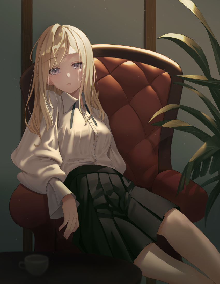 1girl absurdres arm_support armchair bangs black_skirt blonde_hair blush breasts chair coffee_table cup dress_shirt easy_chair eyebrows_visible_through_hair highres indoors leaning_to_the_side light_particles long_hair looking_at_viewer original parted_bangs parted_lips plant pleated_skirt school_uniform shands shirt sitting skirt small_breasts solo teacup violet_eyes white_shirt wide_sleeves