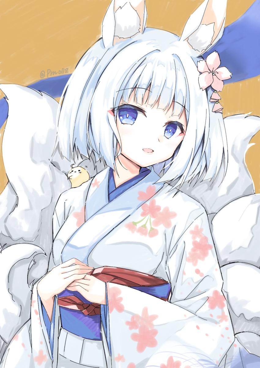 1girl animal_ear_fluff animal_ears azur_lane bangs blue_eyes breasts eyebrows_visible_through_hair floral_print flower fox_ears fox_girl fox_tail hair_flower hair_ornament highres japanese_clothes kaga_(azur_lane) kimono kitsune long_sleeves obi pink_flower print_kimono purinpurin sash small_breasts solo tail twitter_username white_hair white_kimono wide_sleeves