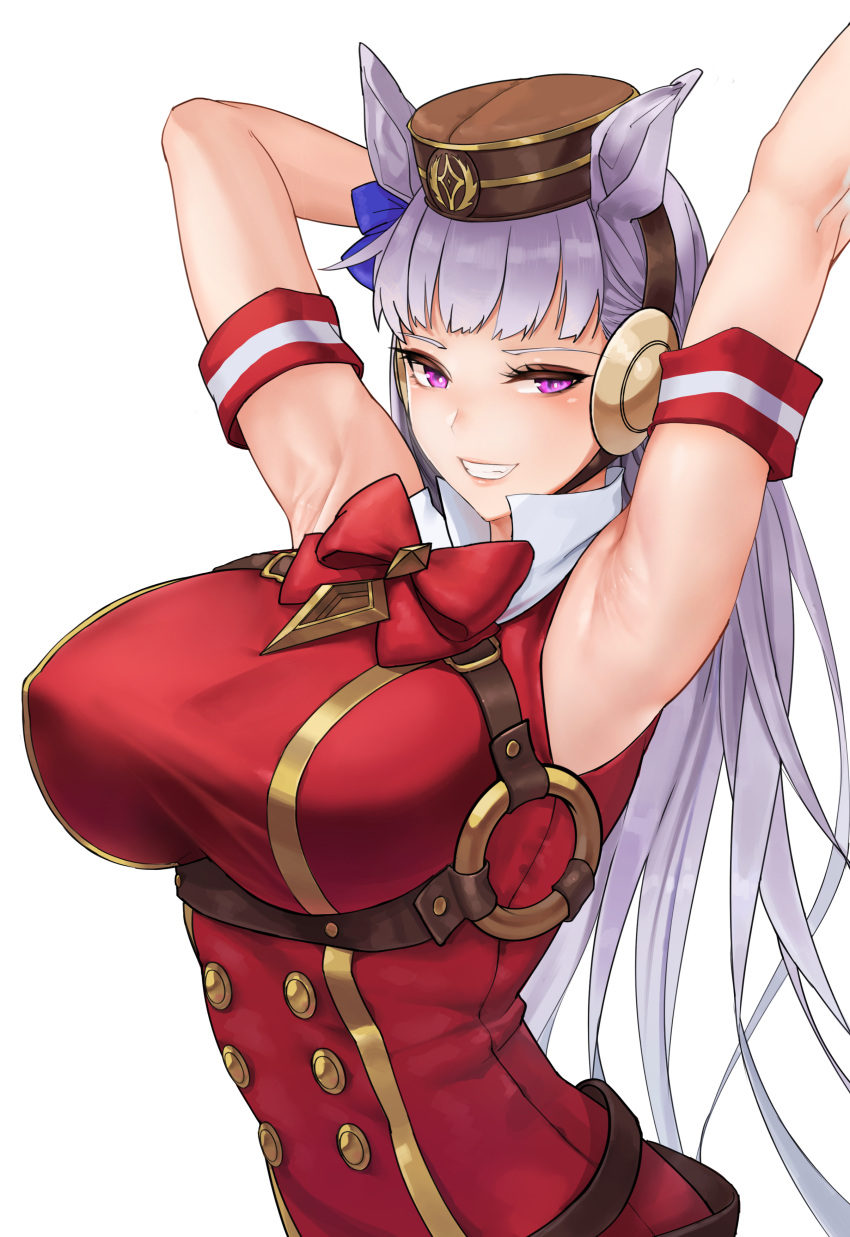 1girl absurdres animal_ears arm_behind_head armpits bangs bow bowtie breasts brown_headwear gold_ship_(umamusume) grin hair_bow highres horse_ears horse_girl large_breasts long_hair looking_at_viewer mute_(mute89539160) outstretched_arm presenting_armpit purple_bow purple_hair red_bow red_bowtie red_shirt shirt simple_background sleeveless sleeveless_shirt smile solo teeth umamusume violet_eyes white_background