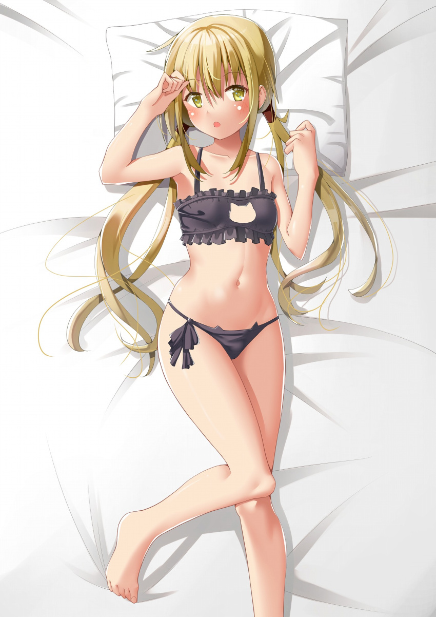 1girl amano_miyako barefoot bed black_bra black_panties blonde_hair bra cat_cutout cat_ear_panties cat_lingerie cleavage_cutout clothing_cutout feet_out_of_frame frilled_bra frills highres kantai_collection long_hair lying meme_attire panties pillow satsuki_(kancolle) side-tie_panties solo twintails underwear underwear_only yellow_eyes