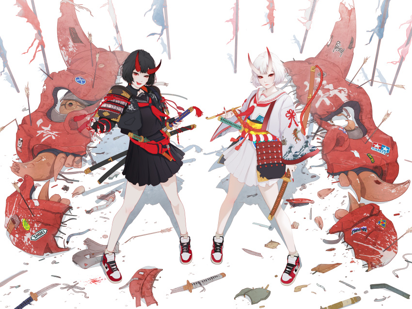 2girls absurdres armor arrow_(projectile) bag bangs black_hair black_sailor_collar black_skirt blood blood_on_hands broken_mask closed_mouth earrings english_commentary full_body gharliera1 highres holding holding_pipe horns japanese_armor jewelry katana long_sleeves looking_at_viewer mask multiple_girls neckerchief oni oni_mask original pipe pleated_skirt red_eyes red_footwear red_neckerchief sailor_collar sheath sheathed shirt shoes short_hair shoulder_armor siblings skirt standing sword teeth tongue tongue_out twins weapon white_footwear white_hair white_sailor_collar white_shirt wide_sleeves