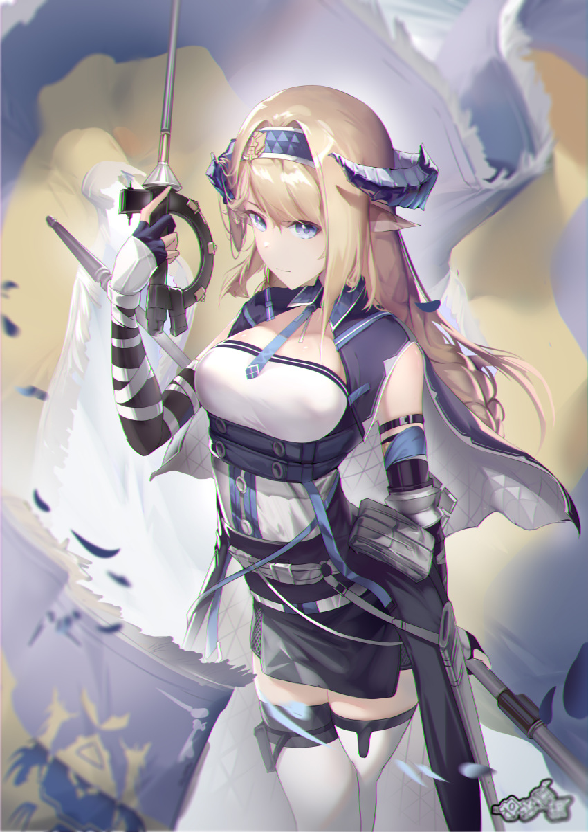 1girl absurdres arknights bangs bare_shoulders black_gloves black_skirt blonde_hair blue_eyes blue_hairband blue_necktie breasts chinese_commentary commentary_request cowboy_shot dan_shuimo_yin elbow_gloves gloves hairband hand_up highres holding holding_sword holding_weapon horns long_hair looking_at_viewer medium_breasts miniskirt necktie pointy_ears rapier saileach_(arknights) skirt solo standing sword thigh-highs weapon white_legwear zettai_ryouiki