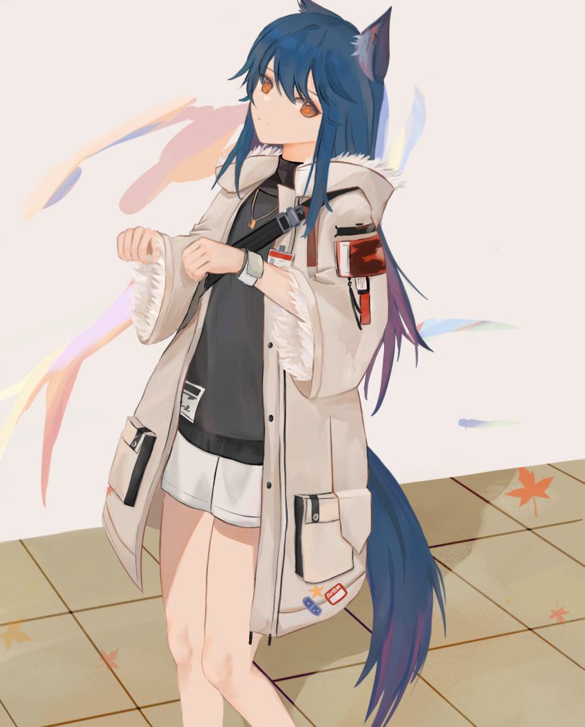 1girl animal_ears arknights black_shirt blue_hair coat colored_inner_hair feet_out_of_frame frown fur-trimmed_hood fur-trimmed_sleeves fur_trim hands_up highres hood hood_down id_card jewelry leaf long_hair looking_at_viewer multicolored_hair necklace no_legwear official_alternate_costume open_clothes open_coat orange_eyes shirt shorts solo standing tail texas_(arknights) texas_(winter_messenger)_(arknights) white_coat white_shorts white_wristband winter_clothes winter_coat wolf_ears wolf_girl wolf_tail ya_daren