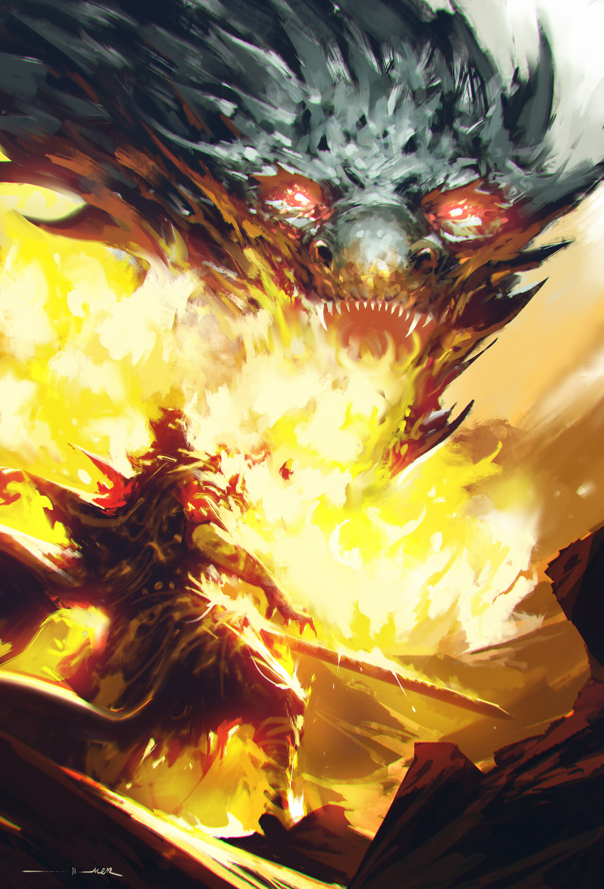 1boy absurdres armor breathing_fire cape dragon dropping fangs fire highres kalmahul looking_at_another original red_eyes sharp_teeth short_hair signature size_difference solo standing sword teeth torn_clothes weapon
