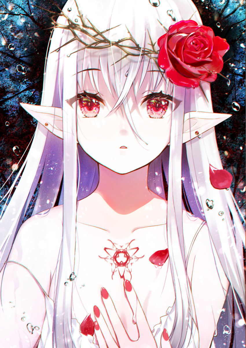 07touka25 1girl albino bangs bare_shoulders chest_tattoo commentary crown_of_thorns earrings elf flower hand_up highres jewelry liquid long_hair original petals pointy_ears red_eyes red_nails rose rose_petals spaghetti_strap tattoo thorns white_hair