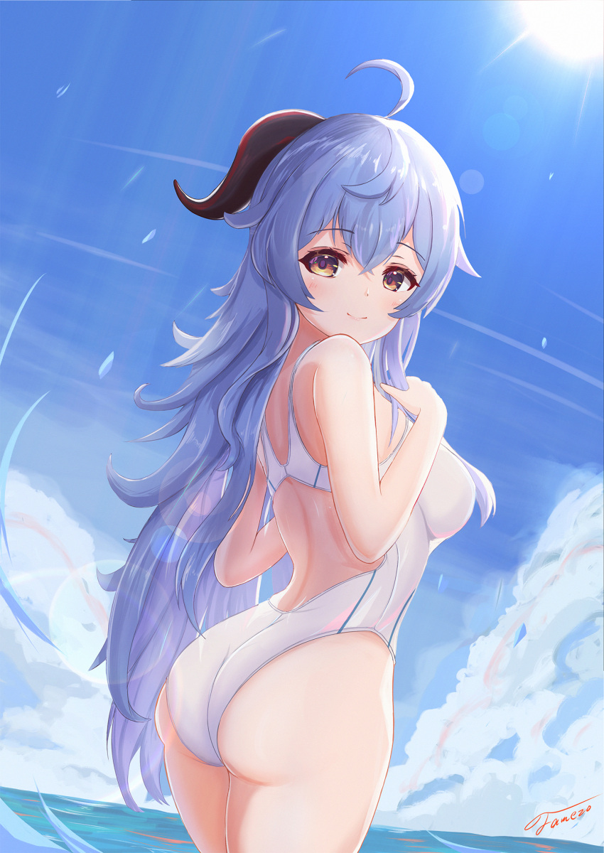 ahoge artist_name ass back bangs blue_hair blush breasts competition_swimsuit curled_horns eyebrows_visible_through_hair ganyu_(genshin_impact) genshin_impact highres horns long_hair looking_at_viewer medium_breasts ocean one-piece_swimsuit sky smile solo standing sun swimsuit unishaho