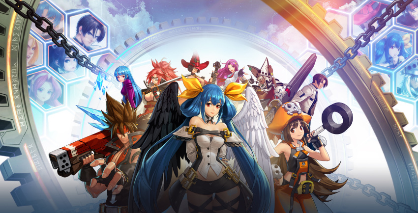 amputee asamiya_athena asymmetrical_wings baiken big_hair black_kimono blue_hair breasts dark-skinned_female dark_skin dizzy_(guilty_gear) eyepatch facial_tattoo fighting_game fire floating floating_object floating_sword floating_weapon guilty_gear guilty_gear_xrd hair_rings highres i-no japanese_clothes katana kimono kula_diamond kusanagi_kyou leona_heidern may_(guilty_gear) multicolored_clothes multicolored_kimono official_art one-eyed open_clothes open_kimono orange_eyes pink_hair platinum_blonde_hair ponytail pyrokinesis ramlethal_valentine ribbon samurai scar scar_across_eye scar_on_face snk sol_badguy sword tail tail_ornament tail_ribbon tattoo terry_bogard the_king_of_fighters the_king_of_fighters_all-stars thigh_strap torn_sleeve under_boob weapon wings yellow_ribbon