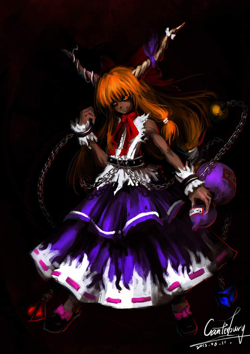 1girl absurdres bangs belt black_background black_belt black_sclera bow brown_horns canterbury_(6739793) chain chinese_commentary colored_sclera commentary_request cube dark-skinned_female dark_skin dated fingernails footwear_bow frilled_cuffs full_body gourd grin hair_bow highres holding horn_ornament horn_ribbon horns ibuki_suika long_hair looking_at_viewer low-tied_long_hair neckerchief orange_eyes orange_hair orb pink_bow purple_ribbon purple_skirt pyramid_(geometry) red_bow red_neckerchief ribbon sharp_fingernails shirt signature simple_background skirt smile solo torn_clothes torn_sleeves touhou white_shirt wrist_cuffs