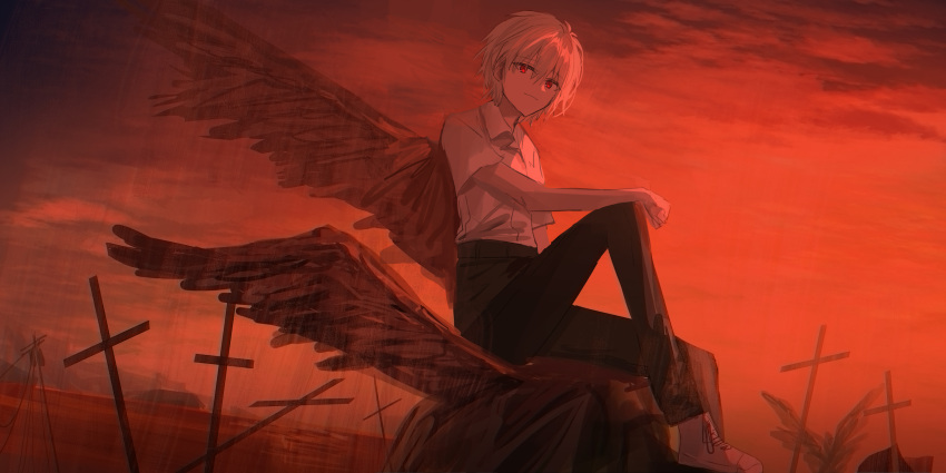 1boy absurdres bangs black_pants black_wings chihuri closed_mouth collared_shirt commentary_request dress_shirt eyebrows_visible_through_hair feathered_wings grey_hair hair_between_eyes hand_on_own_knee highres knee_up looking_at_viewer male_focus nagisa_kaworu neon_genesis_evangelion pants power_lines red_eyes shirt shoes short_sleeves sitting smile solo utility_pole white_footwear white_shirt wings