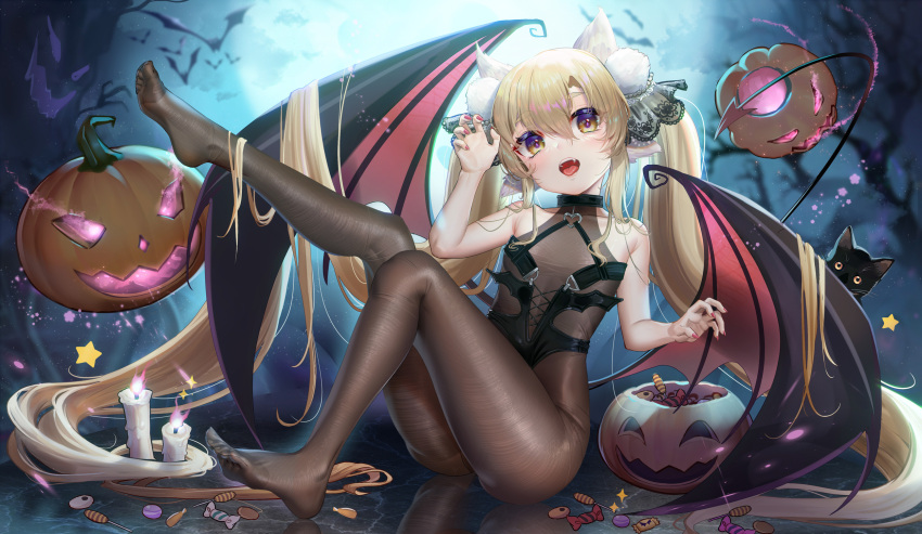 1girl animal_ears bangs bare_arms bare_shoulders black_cat blonde_hair bodystocking brown_bodysuit candle candy cat demon_wings eyebrows_visible_through_hair feet fh_moya food full_body hair_between_eyes halloween_bucket highres jack-o'-lantern knee_up leg_up long_hair looking_at_viewer nail_polish no_shoes open_mouth original sitting solo thick_eyebrows tongue tongue_out twintails very_long_hair wings yellow_eyes