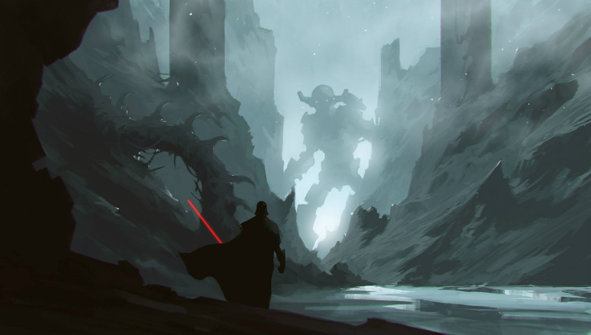1boy black_cape black_gloves cape crossover darth_vader energy_sword fog from_behind giant gloves glowing glowing_eyes helm helmet highres kalmahul lightsaber looking_at_another outdoors red_lightsaber ruins scenery shadow_of_the_colossus standing star_wars sword weapon