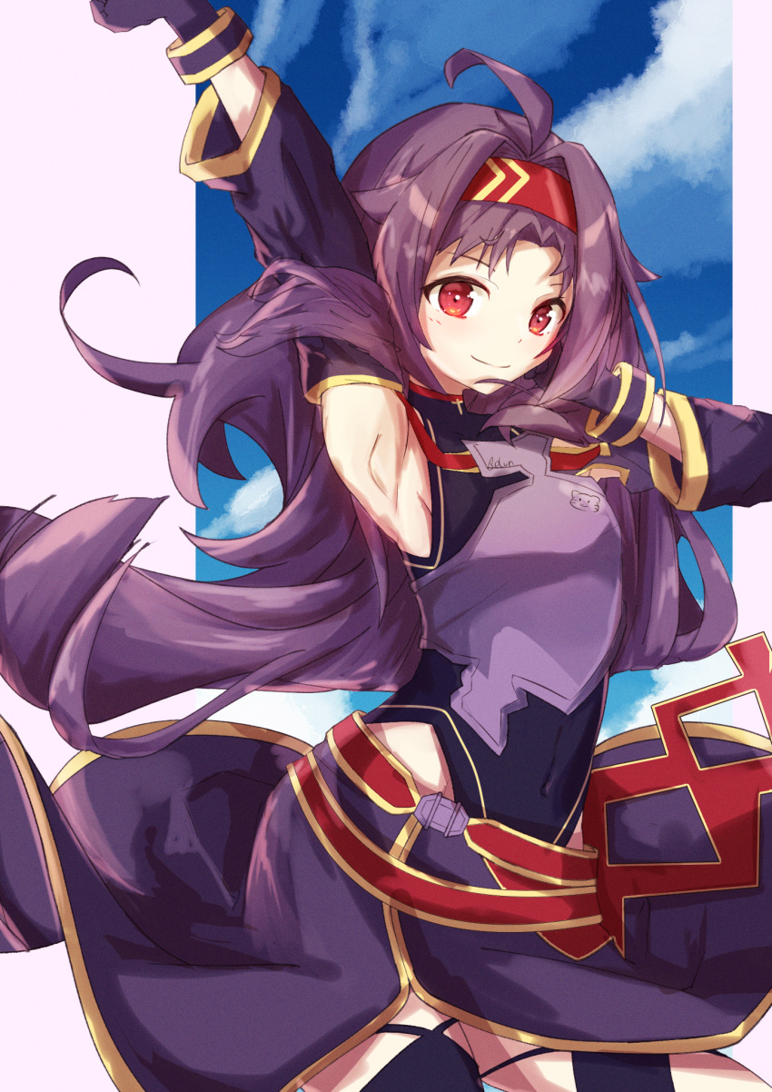 1girl ahoge arm_up armor armpits bangs breastplate closed_mouth covered_navel detached_sleeves elun_(elun_00) gloves hairband highres leotard leotard_under_clothes long_hair looking_at_viewer purple_gloves purple_hair red_eyes red_hairband smile sword_art_online yuuki_(sao)
