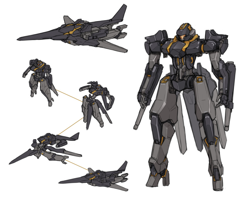 absurdres arm_cannon highres kopaka_(karda_nui) mecha multiple_views no_humans original science_fiction standing transformation visor weapon white_background wings