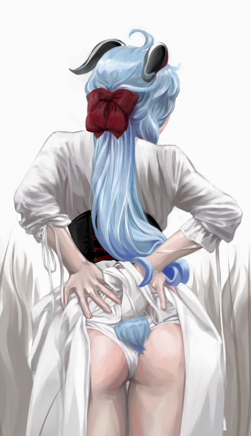 1girl absurdres adjusting_skirt alternate_costume arms_behind_back ass back bow commentary contemporary english_commentary from_behind ganyu_(genshin_impact) genshin_impact hair_bow hair_ribbon highres long_hair long_sleeves oveipo panties ribbon sidelocks simple_background solo underwear white_background white_panties