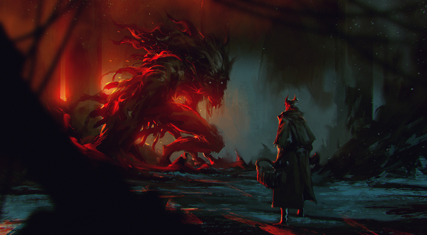 1other ambiguous_gender bloodborne blurry blurry_background brown_coat capelet coat from_behind glowing glowing_eyes gun hat highres holding holding_gun holding_weapon hunter_(bloodborne) kalmahul laurence_the_first_vicar long_sleeves looking_at_another monster saw_cleaver standing tricorne weapon