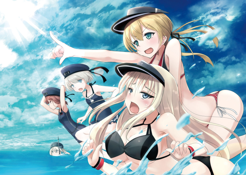 5girls adapted_costume armpits ass bare_arms bare_legs bikini bismarck_(kancolle) black_bikini blonde_hair blue_eyes blue_sky blush breasts clothes_writing clouds commentary_request day from_side hair_ornament hat highres kantai_collection kochipu large_breasts long_hair multiple_girls ocean open_mouth outdoors partially_submerged peaked_cap pointing prinz_eugen_(kancolle) sailor_collar sailor_hat short_hair side-tie_bikini silver_hair sky small_breasts smile swimsuit teeth twintails u-511_(kancolle) visor_cap water wristband z1_leberecht_maass_(kancolle) z3_max_schultz_(kancolle)