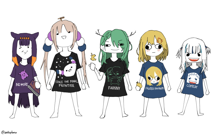 &lt;o&gt;_&lt;o&gt; ._. 5girls :d :| absurdres antlers antsplorer artist_name bangs black_shirt blonde_hair blue_hair blunt_bangs blush book branch ceres_fauna closed_mouth commentary cross-eyed english_commentary english_text eyebrows_visible_through_hair facial_hair full_body gawr_gura gradient_hair green_hair hair_ornament highres holding holding_book holding_pocket_watch hololive hololive_english limiter_(tsukumo_sana) long_hair looking_at_viewer medium_hair monocle_hair_ornament multicolored_hair multiple_girls mustache ninomae_ina'nis orange_hair planet_hair_ornament pocket_watch purple_hair purple_skirt shark_hair_ornament shirt sidelocks silver_hair simple_background sketch skirt smile smirk standing streaked_hair t-shirt tentacle_hair tentacles tsukumo_sana twintails twitter_username two_side_up very_long_hair virtual_youtuber watch watson_amelia white_background