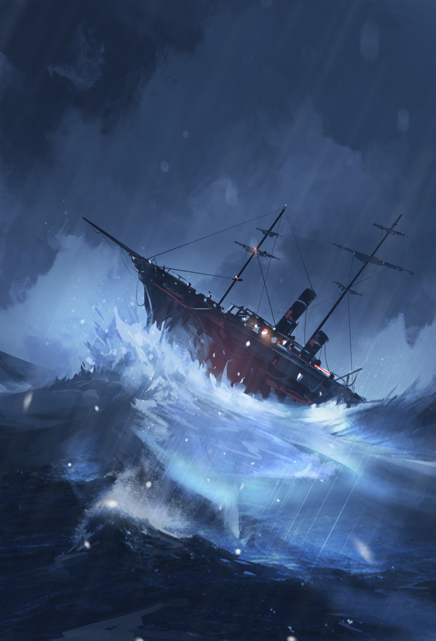 absurdres clouds cloudy_sky cthulhu_mythos highres kalmahul light night no_humans ocean rain scenery ship sky storm water watercraft waves