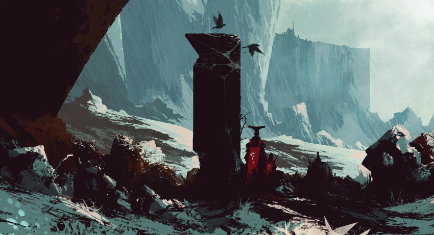2others absurdres animal bird cat cave cliff clouds cloudy_sky crow facing_away from_behind hat highres kalmahul multiple_others original outdoors rock scenery sitting sky snow standing sword tagme weapon