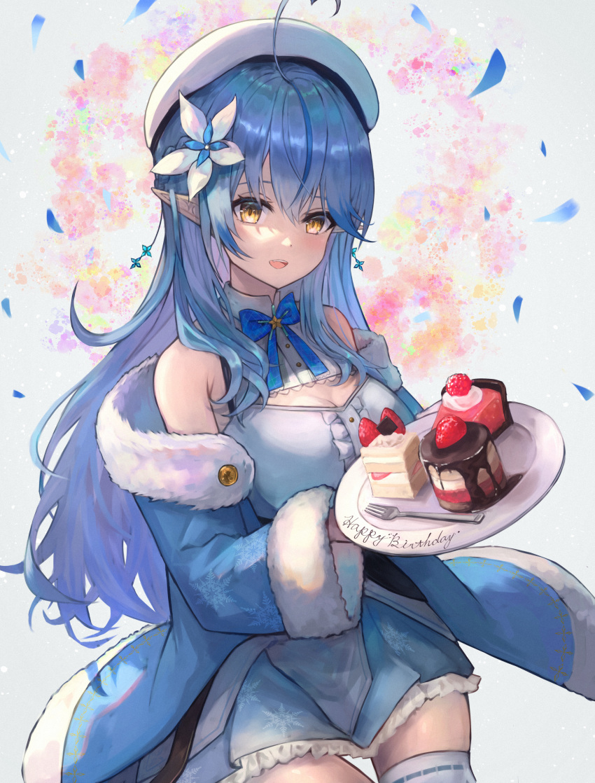 1girl absurdres ahoge bangs bare_shoulders beret blue_bow blue_bowtie blue_coat blue_hair blue_skirt blush bow bowtie breasts cake cake_slice coat commentary_request cowboy_shot earrings flower food fork hair_between_eyes hair_flower hair_ornament happy_birthday hat highres holding holding_plate hololive jewelry large_breasts long_hair looking_at_viewer multicolored_hair off_shoulder open_clothes open_coat open_mouth plate pointy_ears shirt skirt sleeveless sleeveless_shirt smile solo standing streaked_hair thigh-highs virtual_youtuber white_flower white_headwear white_legwear white_shirt xyunx yellow_eyes yukihana_lamy