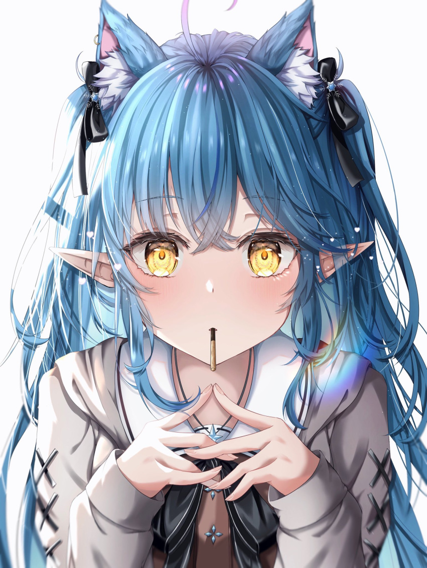 1girl ahoge animal_ear_fluff animal_ears bangs black_bow black_bowtie black_ribbon blue_hair bow bowtie brown_shirt cat_ears commentary_request extra_ears eyebrows_visible_through_hair food food_in_mouth grey_jacket hair_ribbon hands_up highres hololive jacket kasakai_hikaru long_hair long_sleeves looking_at_viewer mouth_hold multicolored_hair pocky pocky_day pointy_ears ribbon shirt simple_background solo streaked_hair two_side_up upper_body virtual_youtuber white_background yellow_eyes yukihana_lamy