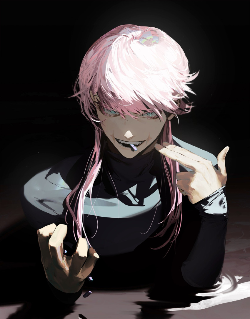 1boy bangs black_shirt blue_eyes hands_up highres long_hair long_sleeves looking_at_viewer male_focus mouth_hold odd_oooodddd open_mouth partially_submerged pill pink_hair pointing pointing_at_self sanzu_haruchiyo scar scar_on_face shirt sleeves_past_wrists smile solo teeth tokyo_revengers upper_body water