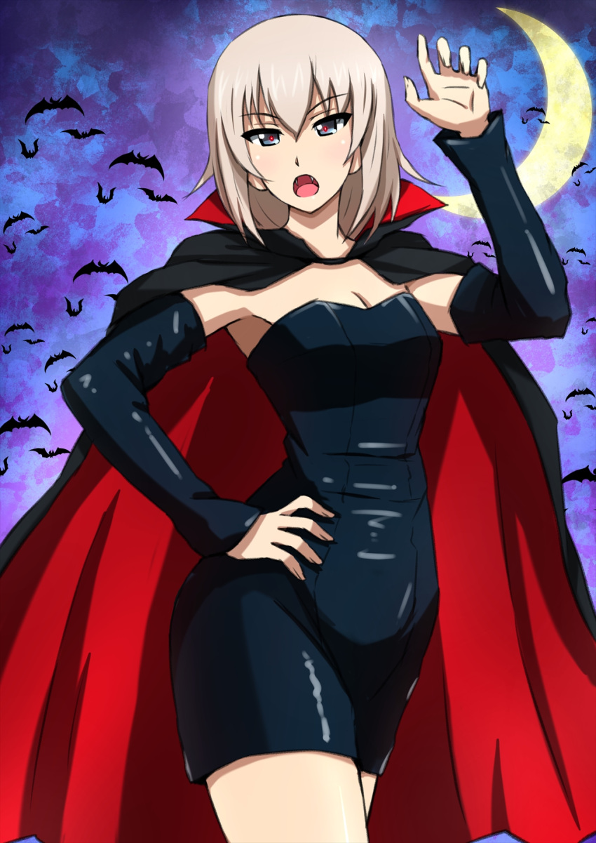 1girl bangs bat black_cape black_dress black_gloves blue_eyes cape claw_pose commentary crescent_moon dress elbow_gloves eyebrows_visible_through_hair fangs frown girls_und_panzer gloves half_gloves halloween halloween_costume hand_on_hip highres itsumi_erika looking_at_viewer medium_hair moon night night_sky omachi_(slabco) open_mouth outdoors red_cape red_pupils short_dress silver_hair sky solo standing strapless strapless_dress two-sided_cape two-sided_fabric vampire_costume