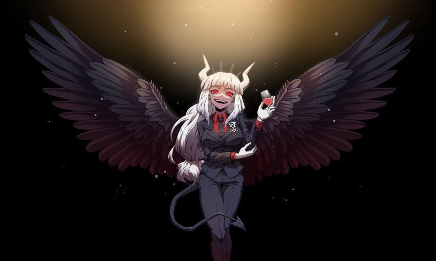 1girl :d absurdres bangs black_background black_giraffe black_necktie black_wings blunt_bangs blush breasts collared_shirt crown cup demon_girl demon_horns demon_tail drinking_glass fangs feet_out_of_frame gloves hand_up helltaker highres horns large_breasts light long_hair looking_at_viewer low_ponytail lucifer_(helltaker) mole mole_under_eye necktie red_eyes red_shirt shiny shiny_hair shirt smile solo tail teeth upper_teeth white_hair white_horns wine_glass wings