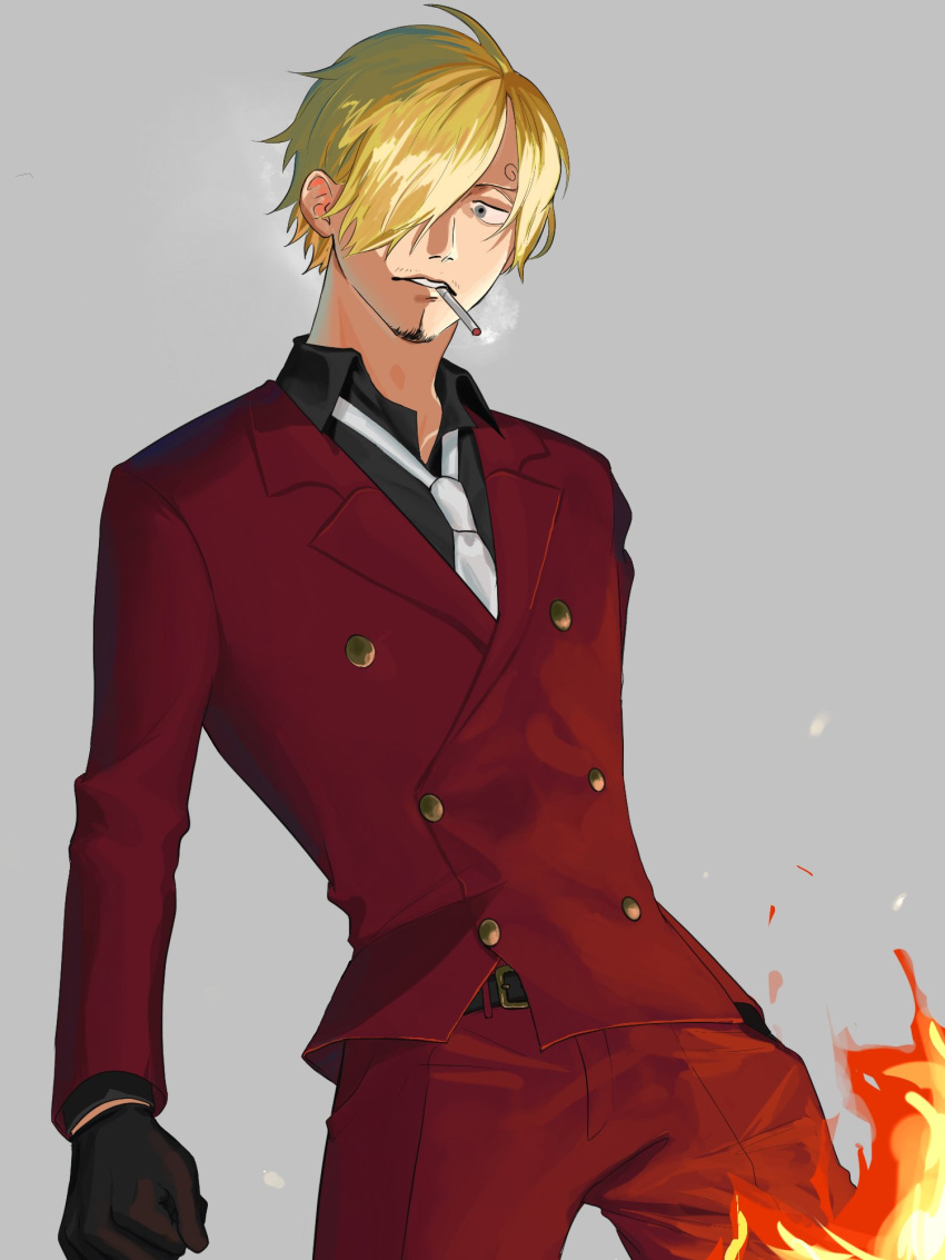 1boy belt belt_buckle black_gloves black_shirt blonde_hair buckle buttons cigarette collared_shirt diable_jambe embers facial_hair fire formal gloves goatee grey_background hair_over_one_eye highres jacket large_buttons long_sleeves male_focus necktie one_piece red_jacket sakaya_(ho_dokoshi) sanji shirt simple_background smoking solo suit tie white_necktie