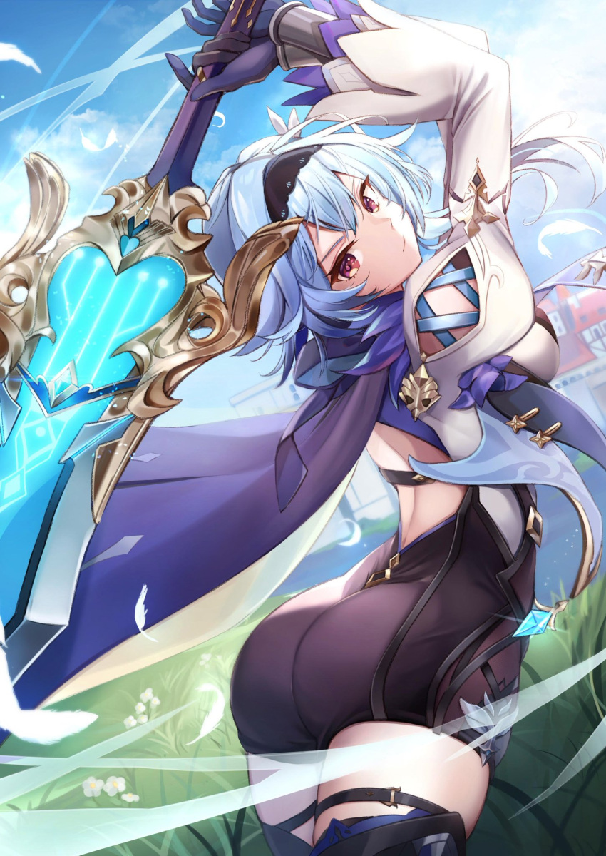 1girl arms_up ass bangs black_hairband blue_cape blue_gloves blue_hair blurry bodystocking breasts cape claymore_(sword) closed_mouth depth_of_field eula_(genshin_impact) genshin_impact gloves grass hairband highres holding holding_weapon large_breasts long_sleeves looking_at_viewer looking_back medium_hair outdoors red_eyes solo thighs weapon yutoriko_(candy0905)