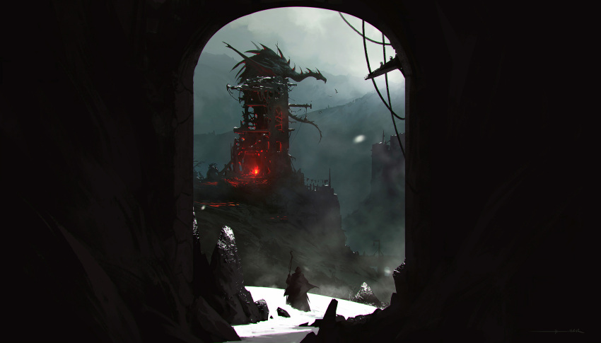 1other absurdres ambiguous_gender animal bird black_robe cave commentary_request fire fog highres holding holding_staff hood hood_up kalmahul original red_eyes robe scenery sitting snow spikes staff tower