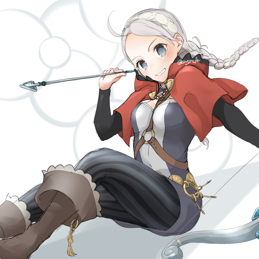 1girl ahoge arrow_(projectile) bangs boots bow_(weapon) braid breasts capelet fire_emblem fire_emblem_fates grey_background grey_eyes harness highres holding holding_arrow holding_bow_(weapon) holding_weapon key looking_at_viewer medium_breasts nina_(fire_emblem) sanoyo212003 sitting smile solo twin_braids weapon